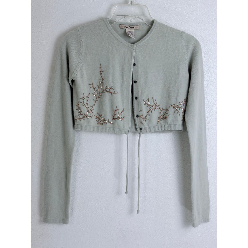 Vintage Free People Sage Green Cropped Cardigan S Embroidered Sequin Tie Front